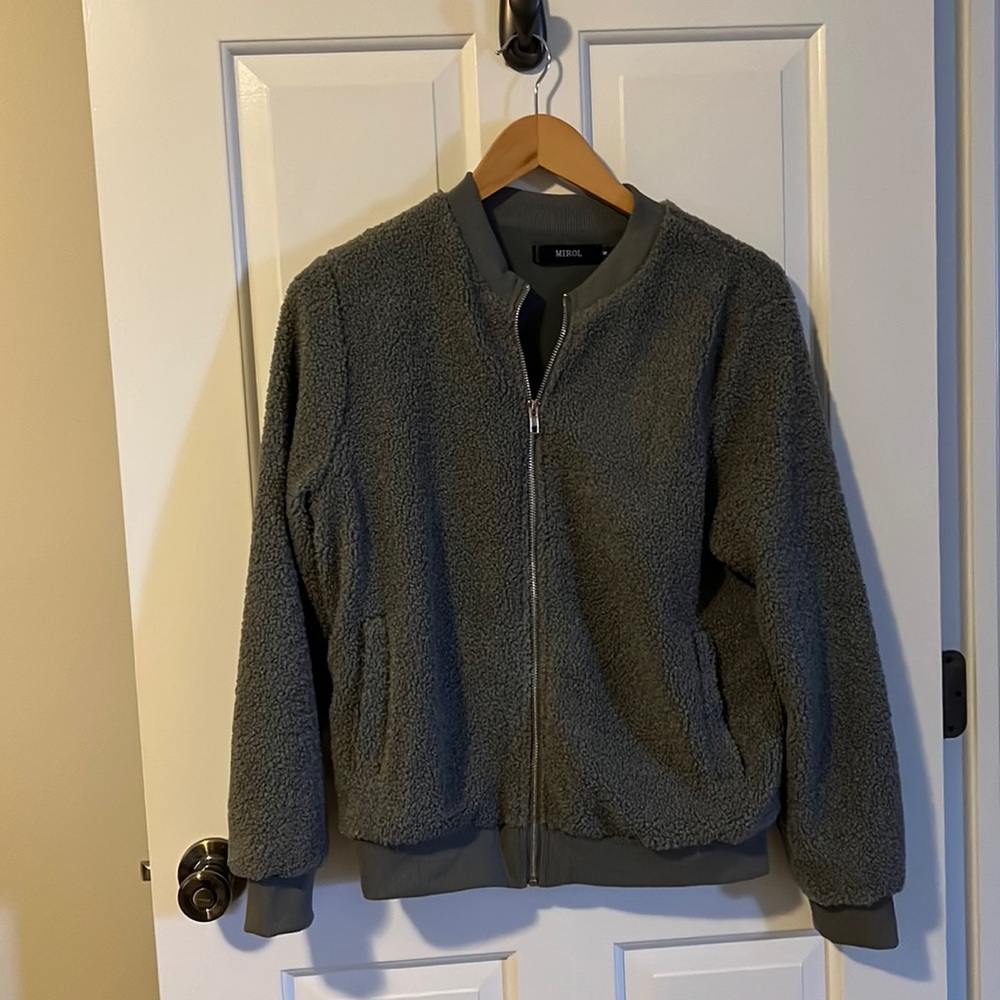 Grey fuzzy zip up jacket